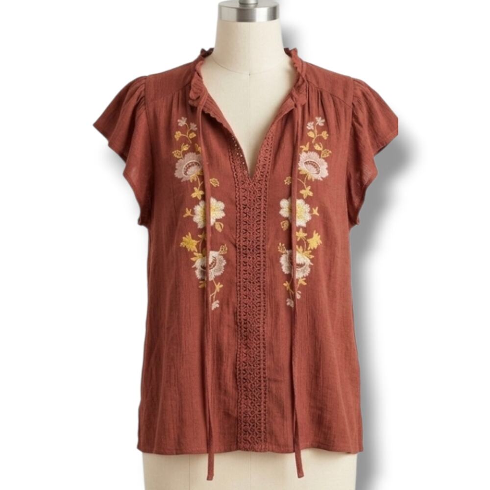 Flower & Feather Women's Medium Rust Terracotta Embroidered Flutter Sleeve Top